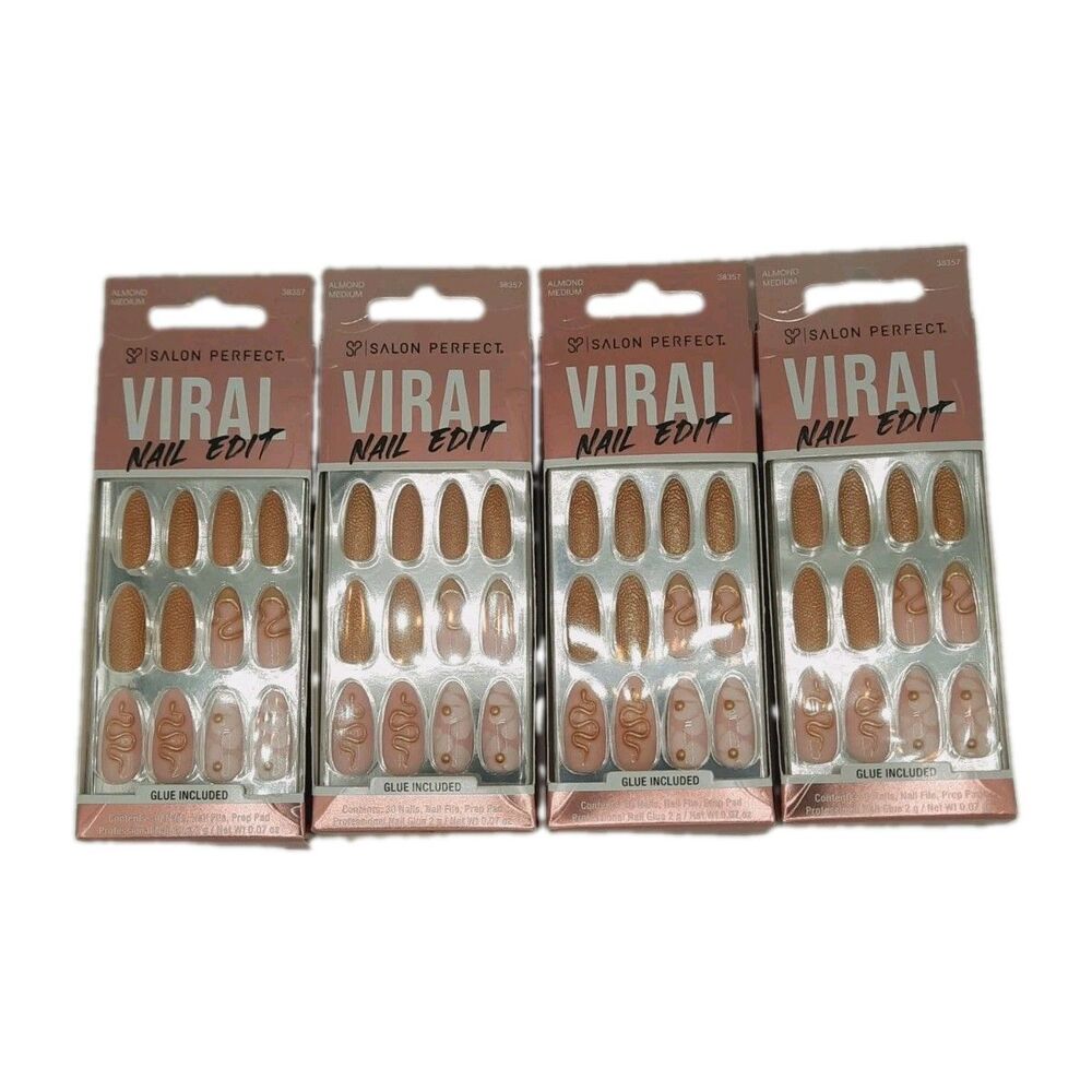 Salon Perfect Viral Nail Edit Press On Nails Pink Gold Snake Medium Almond 38357